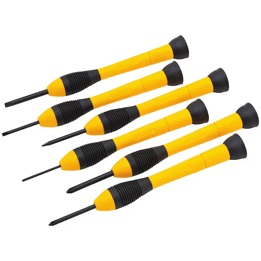 The STANLEY® Precision Screwdriver Set of 6 PC features hardened steel tips and yellow and black handles, arranged diagonally on a white background—perfect for electronics repair.